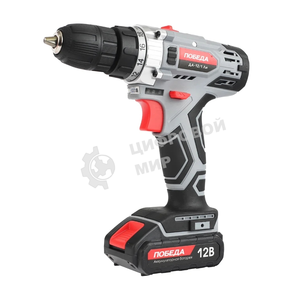 Дрель-шуруповерт аккумуляторная ПОБЕДА ДА-12/1Ли, 12В, 32 нм, быстрая зарядка, 1 батарея, цветная коробка