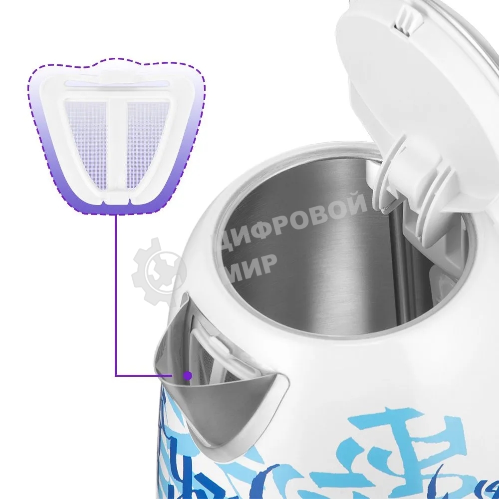 Чайник электрический Kitfort КТ-6772 1.7 л, 2200 Вт, белый/синий корпус: металл/пластик