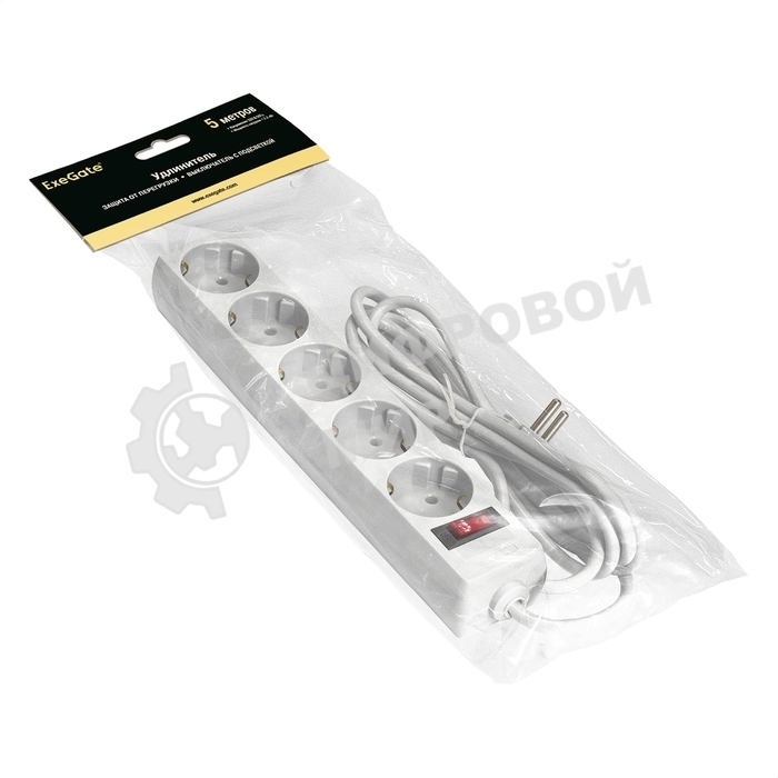 Удлинитель ExeGate EC-5-5W (EX279359RUS), белый, 5 м, евровилка с заземлением, 5 евророзеток с заземлением, 2200 Вт