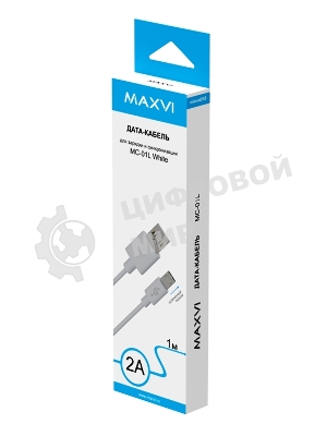 Кабель Maxvi MC-01L white USB-A - microUSB, 2A ток макс. нагрузки 2А, макс. напряжение 5V; стандарт USB 2.0; длина разъема microUSB 8,9 мм, длина кабеля 1м, материал PVC, белый