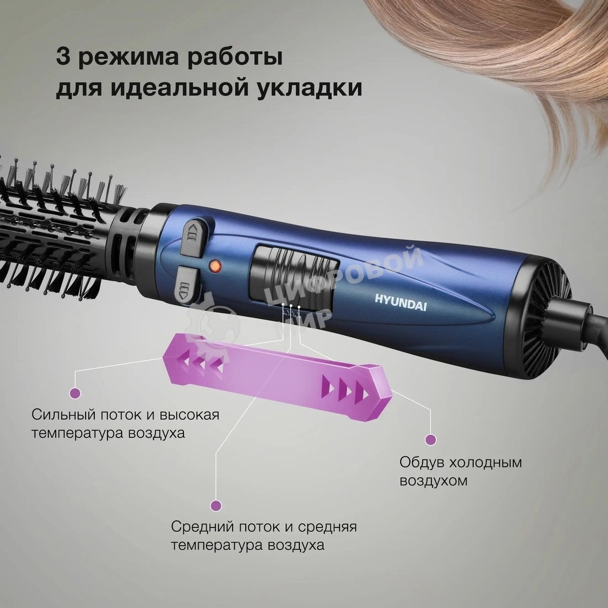Фен-щётка Hyundai H-HB0110 синий, 1000 Вт, ионизация, 40/50 мм