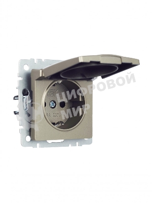 Розетка 1-местная BRITE IEK РСбш10-3-БрШ (BR-R16-16-K37) с заземлением, с защитными шторками и крышкой, 16А, IP20, шампань