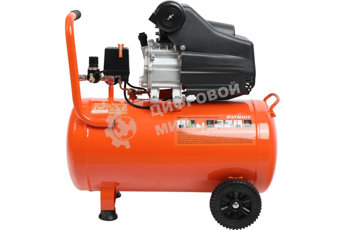Компрессор Patriot EURO 50-260К 525306316 Мощность: 1.8 кВт; Напряжение: 230В~50Гц; Обороты двигателя: 2850 об/мин; Производительность: 260 л/мин; Объем ресивера: 50 л; Давление: 8 бар; Вес: 28,5