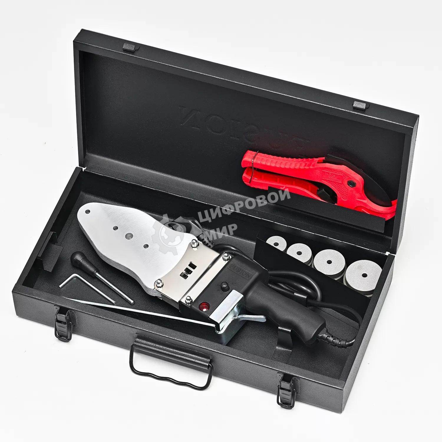 Паяльник для пластиковых труб FUSION FSBK15-S1 (сеть, 1500ВТ, 50-300 °С, 4 насадки, max40мм, кейс)