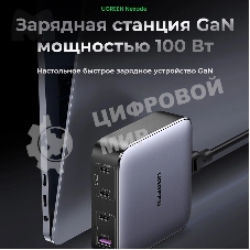 Сетевое зарядное устройство на рабочий стол 100Вт Ugreen CD328, 1хUSB-A, 3хUSB-C, PD 3.0, QC 4.0+, GaN, Space Gray (90928)