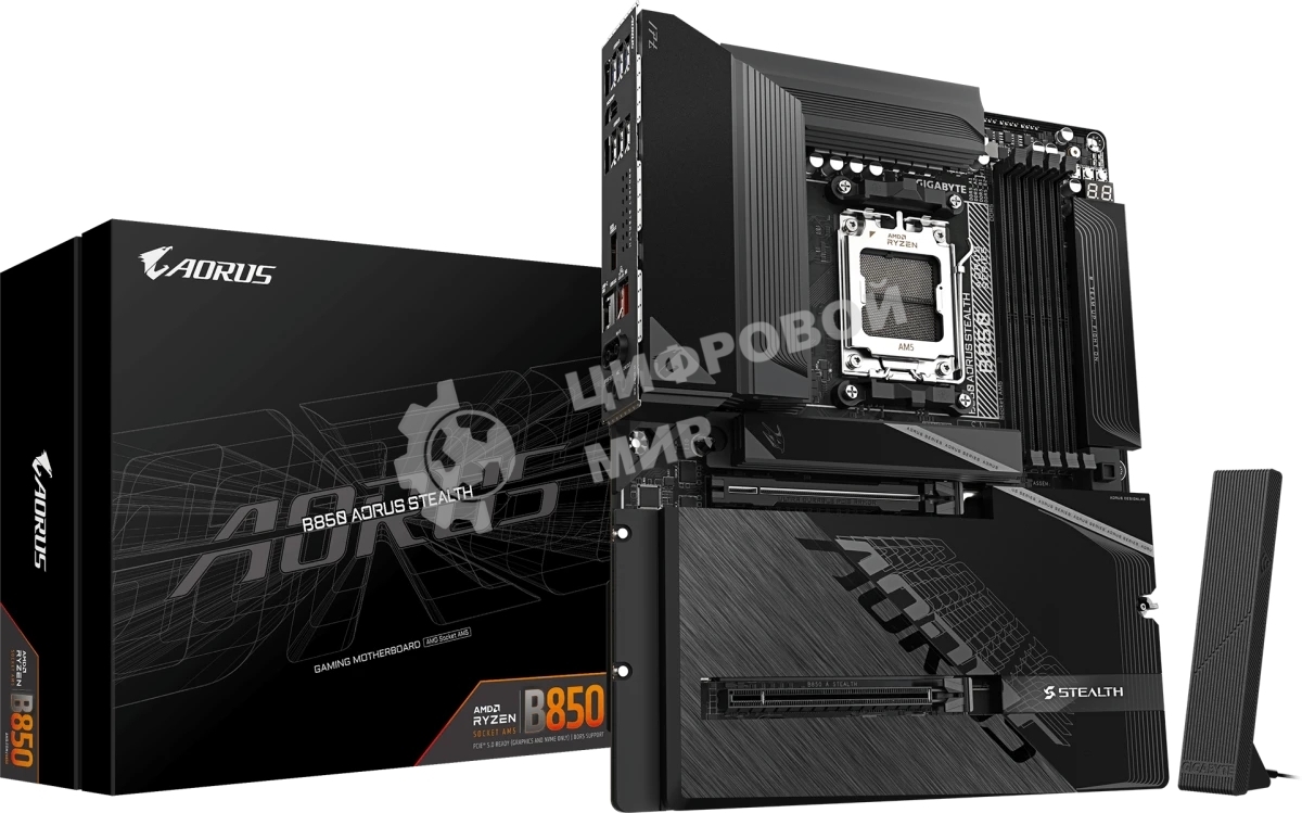 Материнская плата Gigabyte B850 AORUS STEALTH, AM5, AMD B850, 4xDDR5, 2xSATA, 4xM.2, 1xPCIe 5.0 x16, 1xPCIe 4.0 x16, 1xHDMI, 1x5Gb LAN, Wi-Fi 7, Bluetooth 5.4, 1xUSB-C 10Gbps, 2xUSB-A 10Gbps, 4xUSB-A 5Gbps, 4xUSB-A 2.0, 3x3.5 мм + S/PDIF оптический, 7.1, ATX