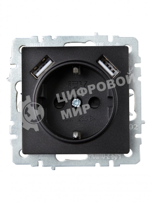 Розетка 1-местная IEK BRITE РЮш10-2-БрЧ (BR-R14-16-U21-D31-K02) с заземлением, с защитными шторками, 16А, с USB A+A 5В 3,1А, черный