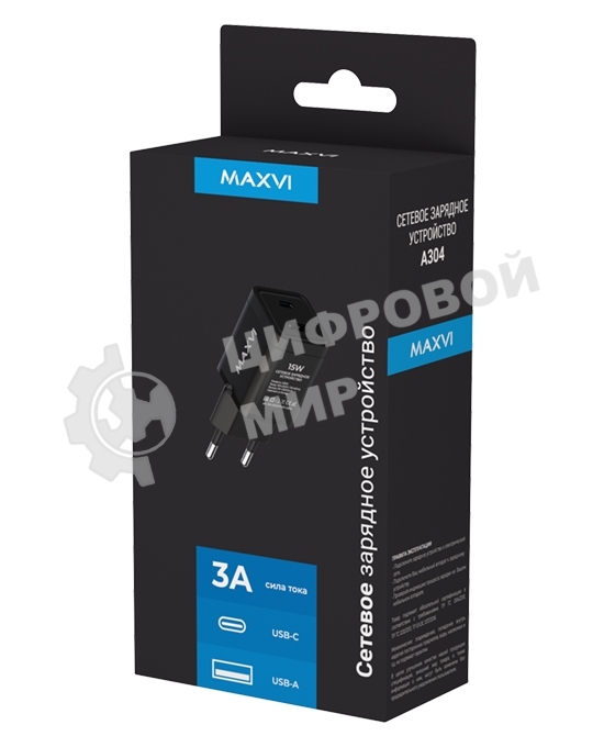 Сетевое зарядное устройство Maxvi A304 Type-C\USB 3A 15W, черный