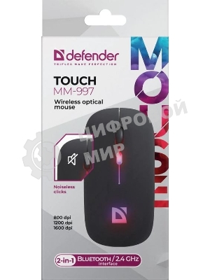 Мышь беспроводная Defender Touch MM-997 черный, 1600 dpi, радиоканал, Bluetooth, USB, кнопки - 4