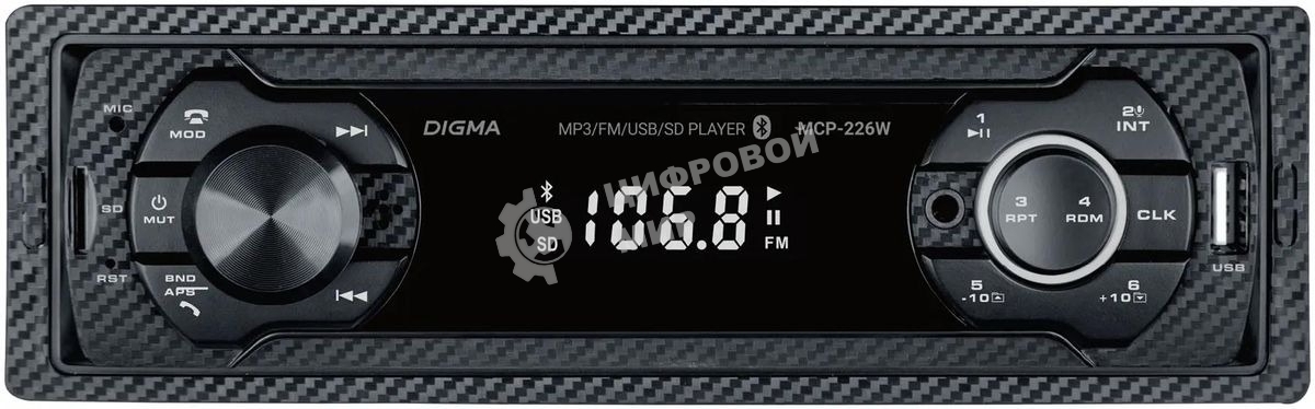 Автомагнитола Digma MCP-226W, 1 DIN, USB Type-A, AUX
