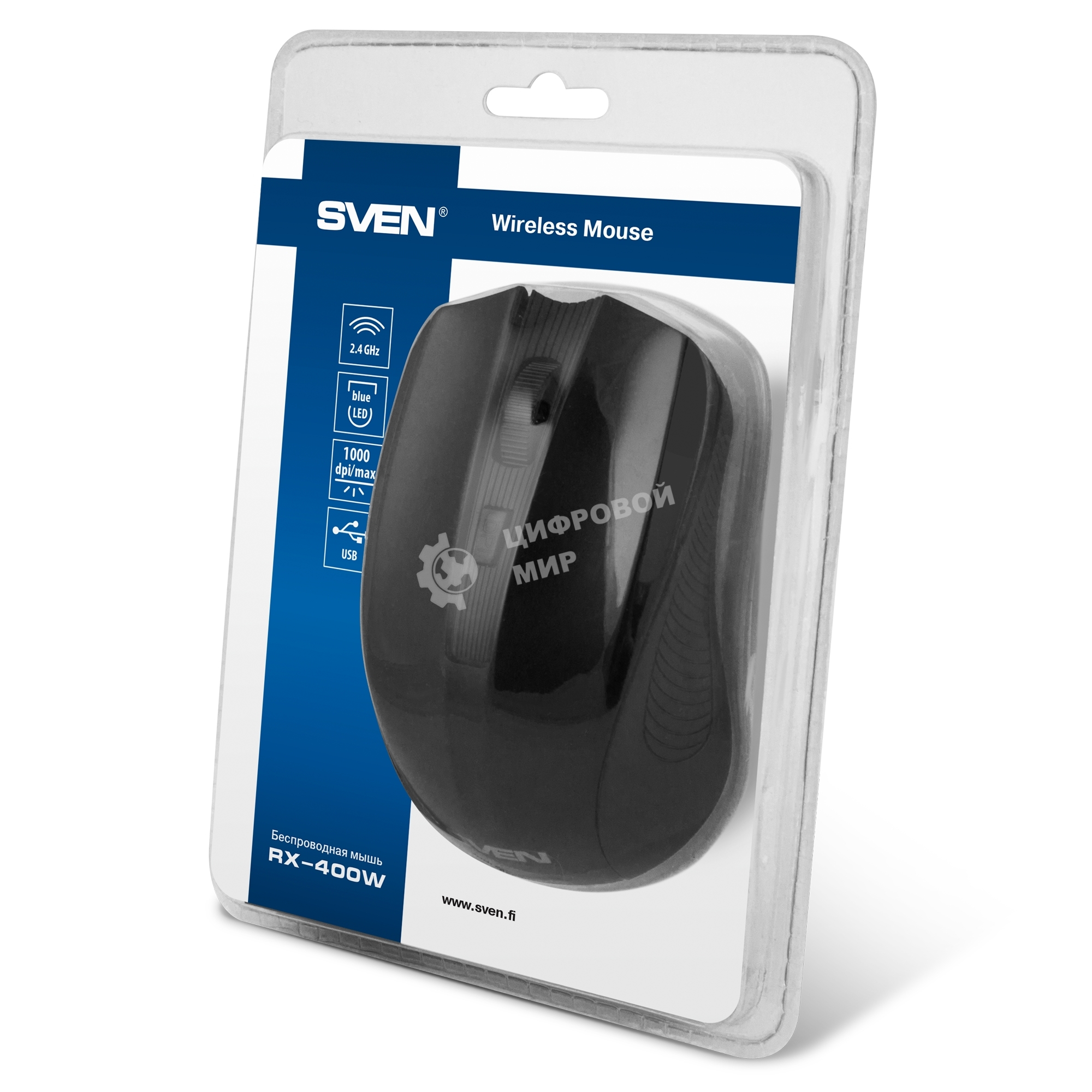 Мышь беспроводная SVEN RX-400W черный, 1400 dpi, радиоканал, USB, кнопки - 4