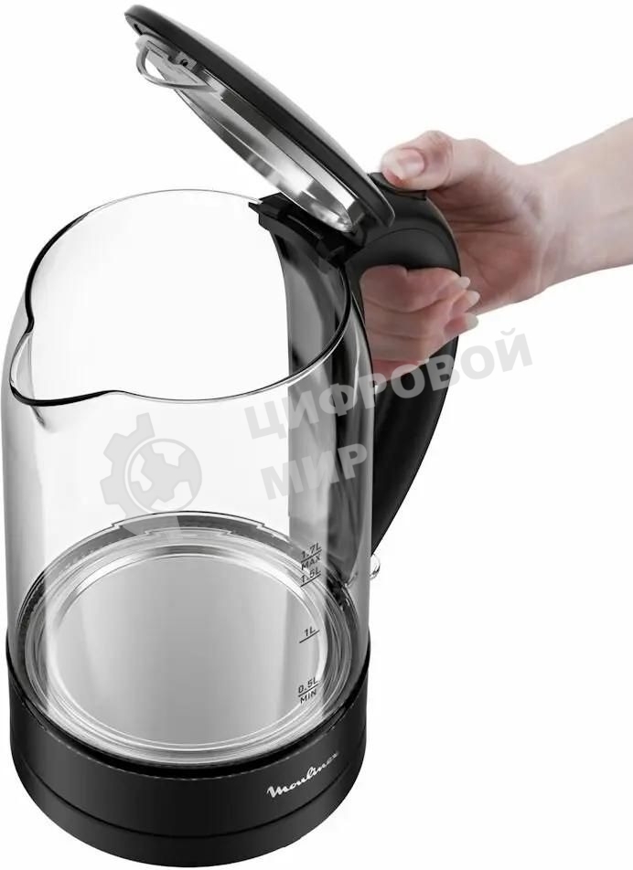 Чайник электрический Moulinex BY1S08F0 1.7 л, 2200 Вт, черный/прозрачный корпус: стекло/пластик
