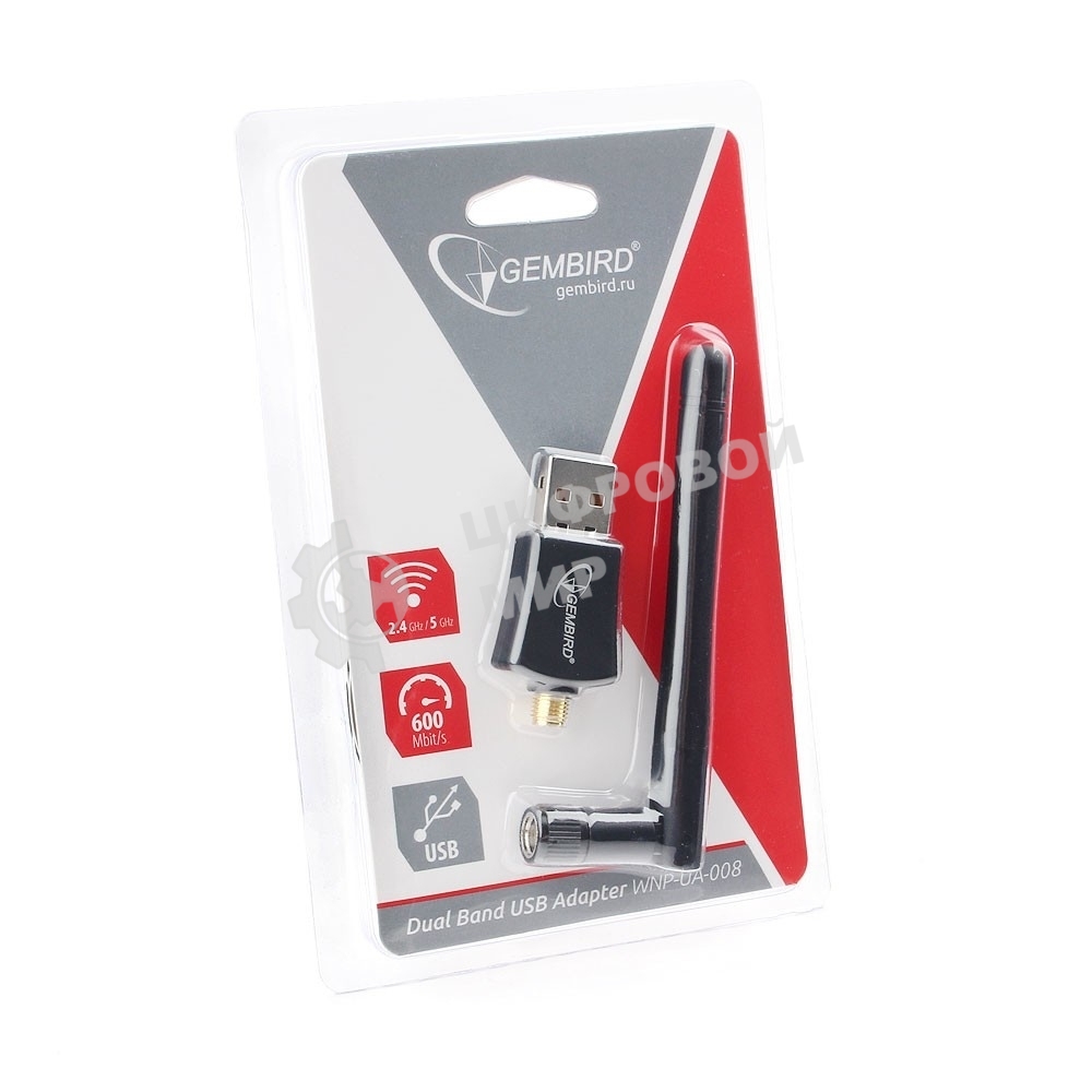 Сетевой адаптер Wi-Fi+Bluetooth Gembird WNP-UA-019, двухдиапазонный с антенной, 600Мбит, USB, 802.11b/a/g/n/a