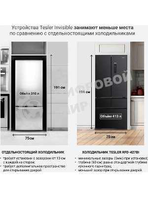 Холодильник Tesler RFD-427BI графит глянцевый двухкамерный 250/142л морозилка сбоку, No Frost, Side by Side