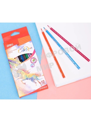 Карандаши цветные Deli EC00300 ColoRun, трехгранный профиль, тополь, 12 цветов, коробка с европодвесом