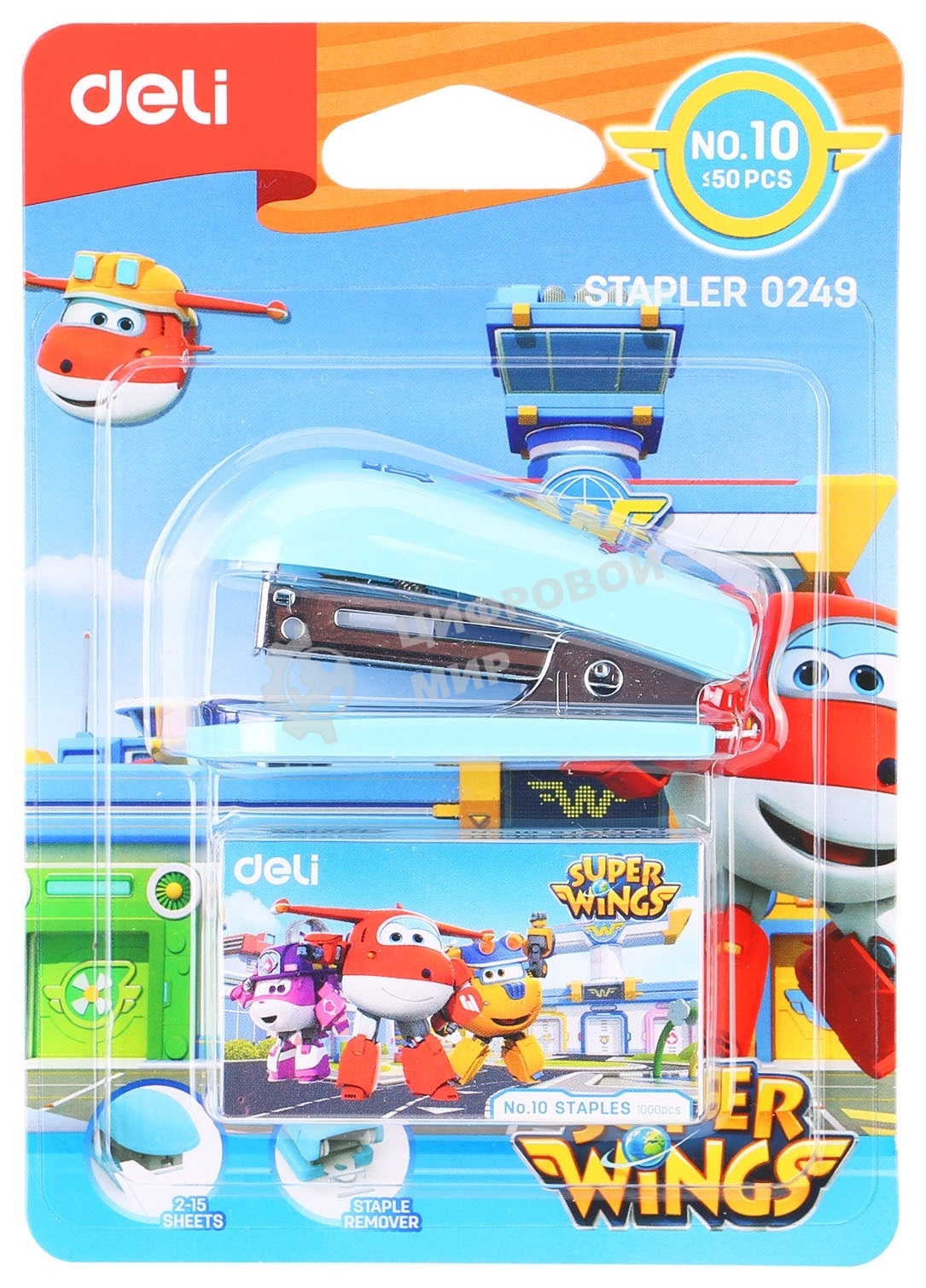 Степлер настольный Deli E0249 Super Wings 24/6 26/6 (12 листов), ассорти, 40 скоб, металл/пластик блистер