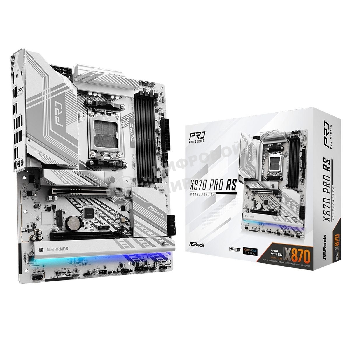Материнская плата ASRock X870 PRO RS, AM5, AMD X870, 4xDDR5, 4xSATA, 3xM.2, 1xPCIe 5.0 x16, 1xPCIe 4.0 x4, 1xHDMI, 1x2.5Gb LAN, Wi-Fi 6E, BT 5.2, 2xUSB-C 40Gbps, 4xUSB-A 5Gbps, 6xUSB-A 2.0, 1xTOSLINK, 3x3.5 мм, 7.1, ATX