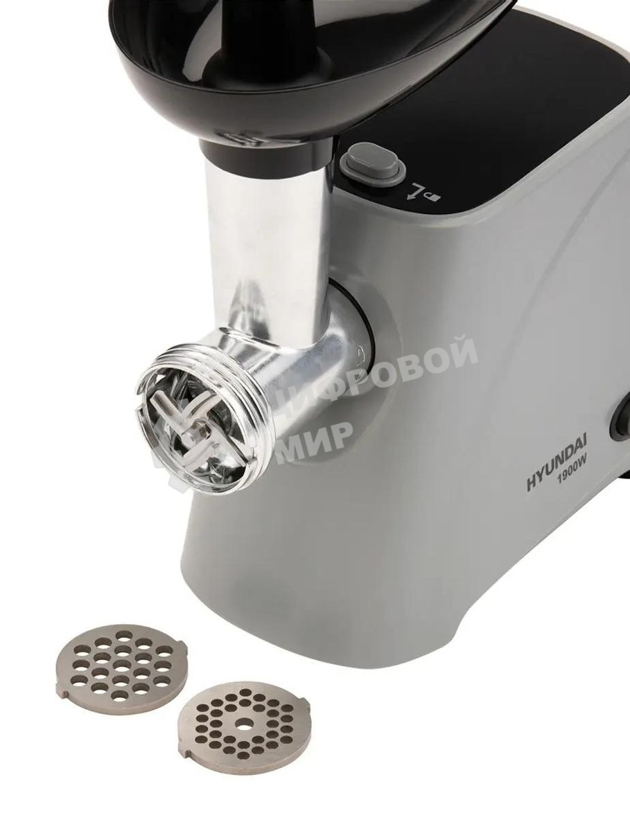 Мясорубка электрическая Hyundai HY-MG4391 серый, 1900 Вт, 2.4 кг/мин, реверс, защита от перегрузки, насадки - 4
