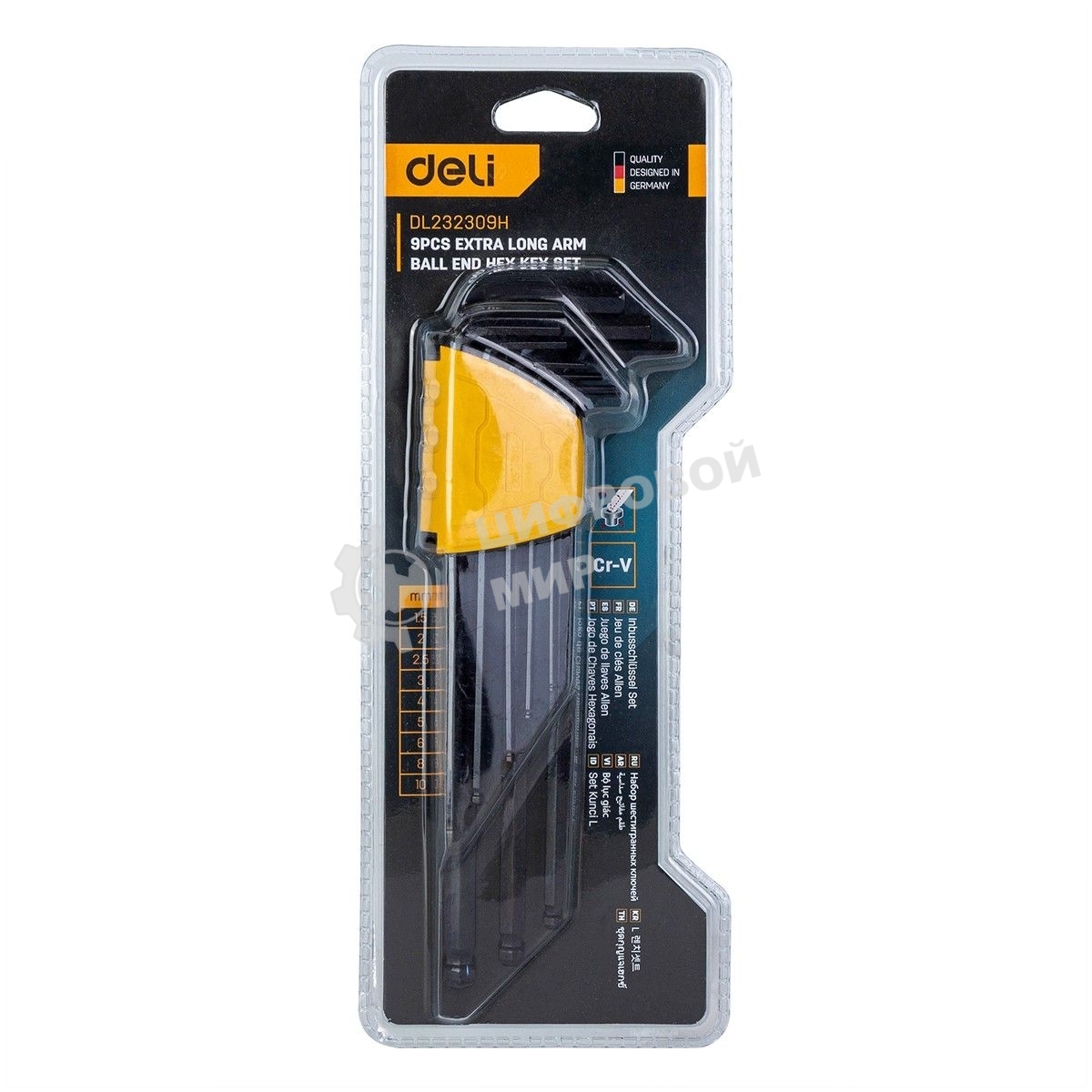 Набор шестигранных ключей с шаром сверхдлинных Deli DL232309H 9 шт Материал CR-V. Спецификация: 1,5,2,2,5,3,4,5,6,8,10мм, пластиковый держатель