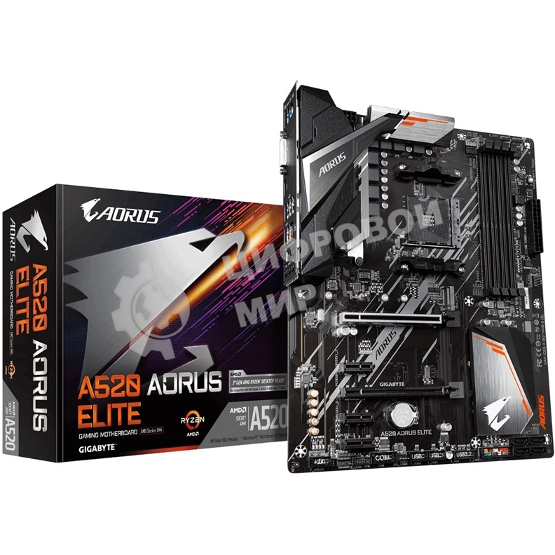 Материнская плата Gigabyte A520 AORUS ELITE, AM4, AMD A520, 4xDDR4, 4xSATA, 1xM.2, 1xPCI-E 3.0 x16, 1xHDMI, 1xDVI-D, 1x 1Gb LAN, 2xUSB 2.0, 4xUSB 3.2 Gen 1, 3x3.5 мм, 7.1, Micro-ATX