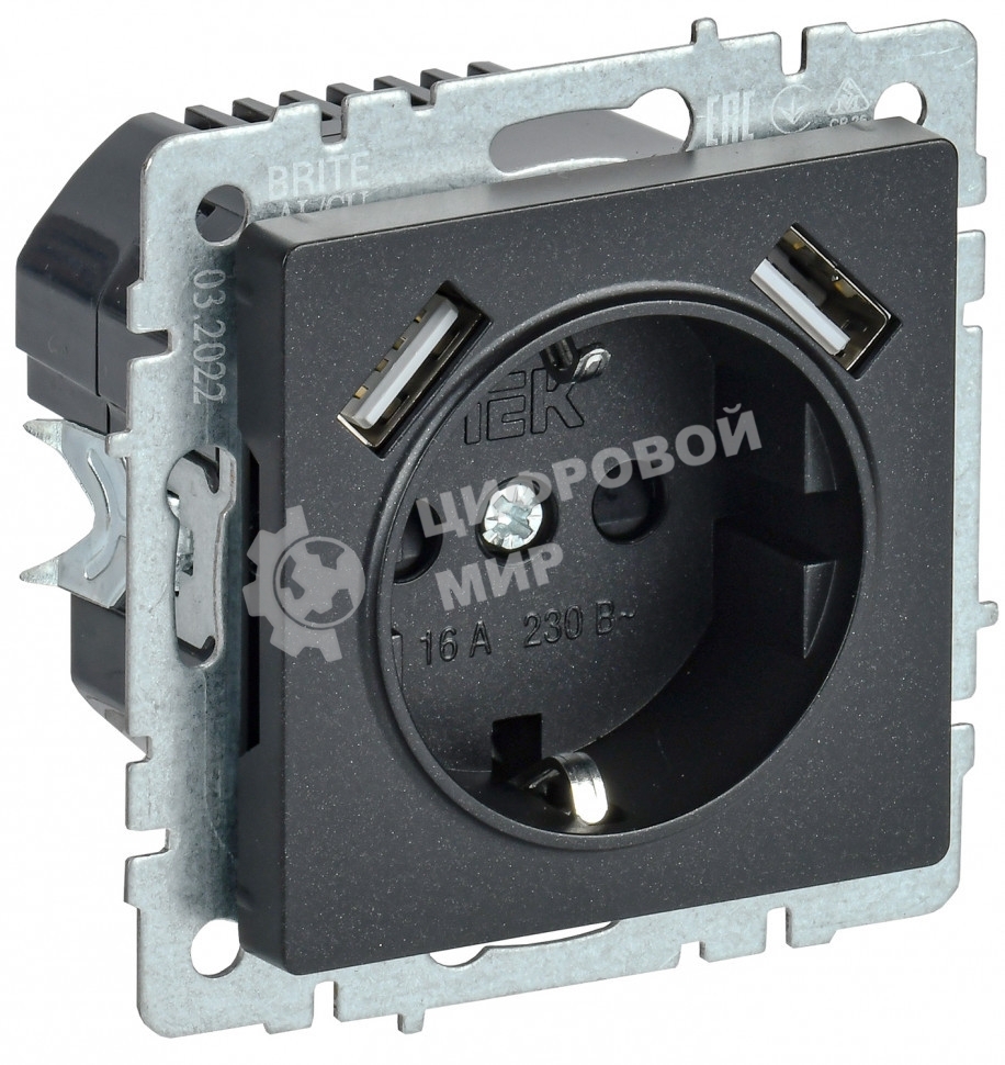 Розетка 1-местная IEK BRITE РЮш10-2-БрЧ (BR-R14-16-U21-D31-K02) с заземлением, с защитными шторками, 16А, с USB A+A 5В 3,1А, черный