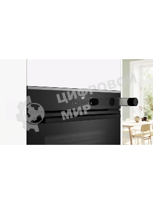 Встраиваемый духовой шкаф Bosch HRG232EB3 Serie 4 с добавлением пара Bosch, Auto Pilot 15, объем 71 л, 8 режимов нагрева, 3D Hotair, Soft move door,телескопические направляющие 1уровень,гидролиз+каталитическая очистка задней стенки,сенсорное управление,черный+профиль из нержавеющей стали