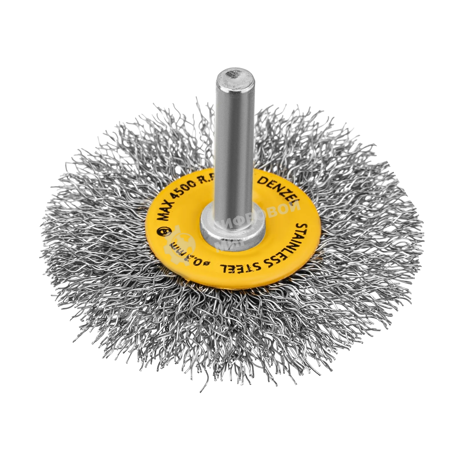 Щетка для дрели Denzel 60 мм, плоская, со шпилькой, нержавеющая витая проволока