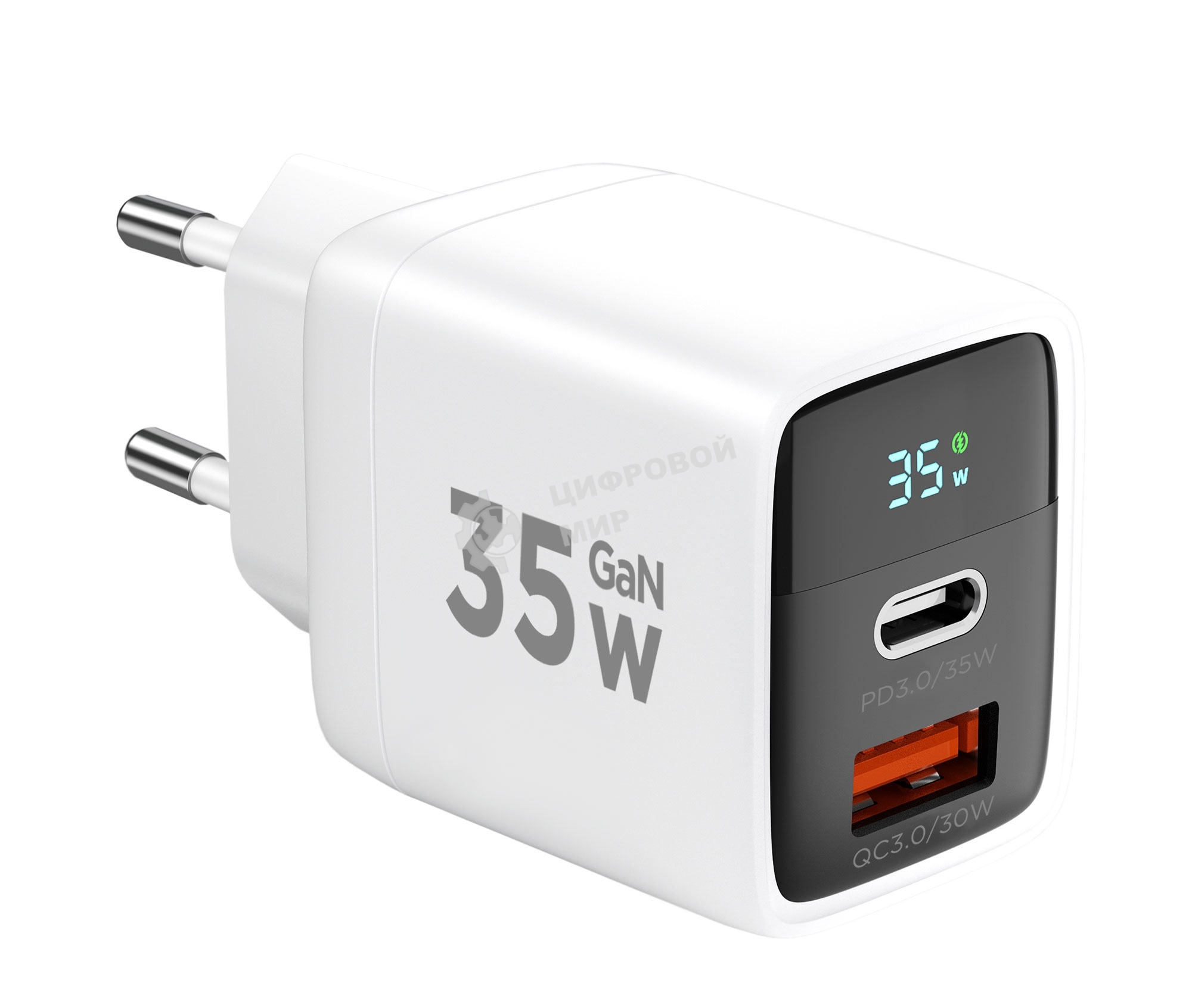 Сетевое зарядное устройство с дисплеем Cablexpert MP3A-PC-52, 35Вт GaN, QC3.0/PD3.0, 1хUSB, 1хType-C, белый, коробка