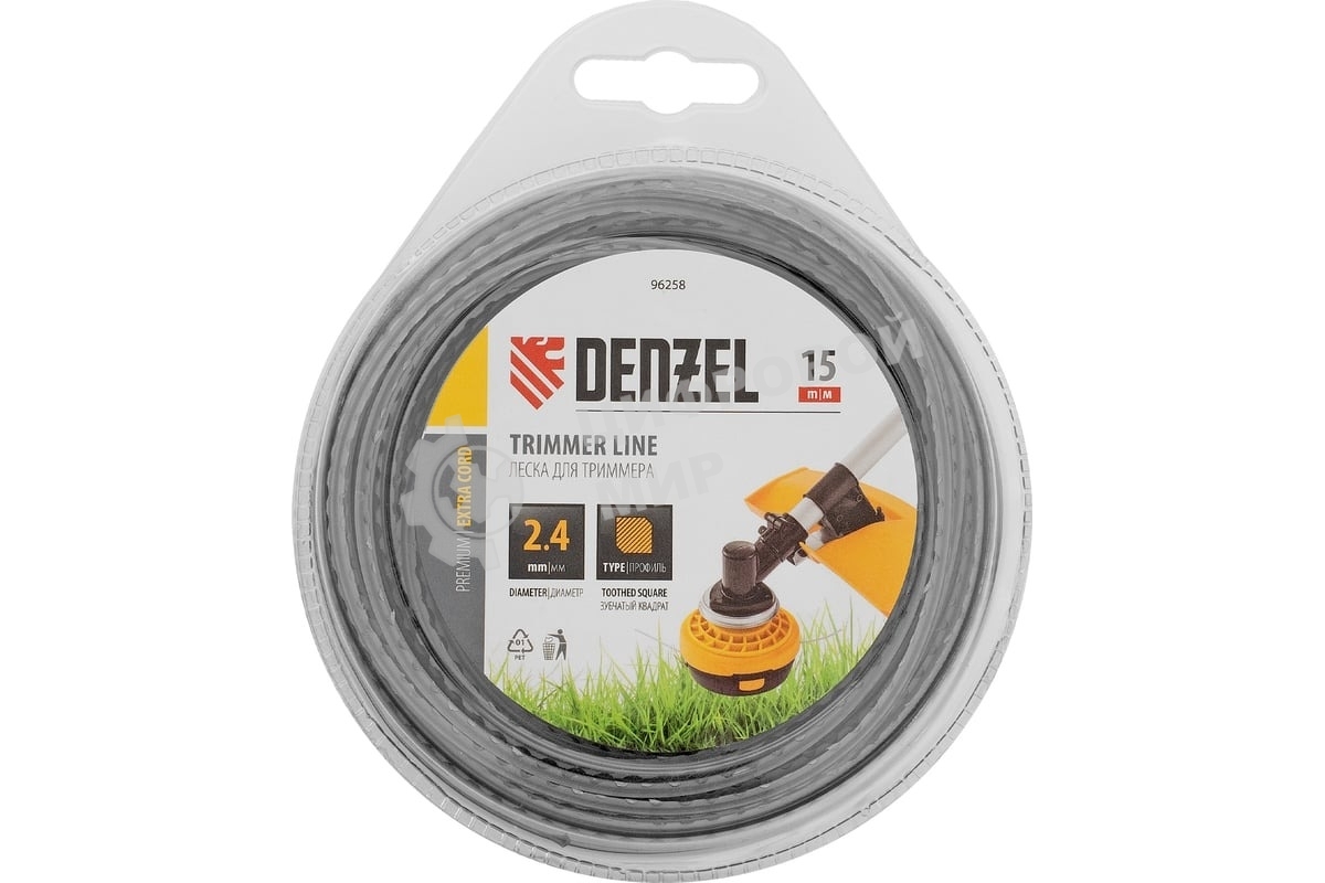 Леска для триммера Denzel двухкомпонентная зубчатый квадрат, 2,4мм х 15м, блистер EXTRA CORD