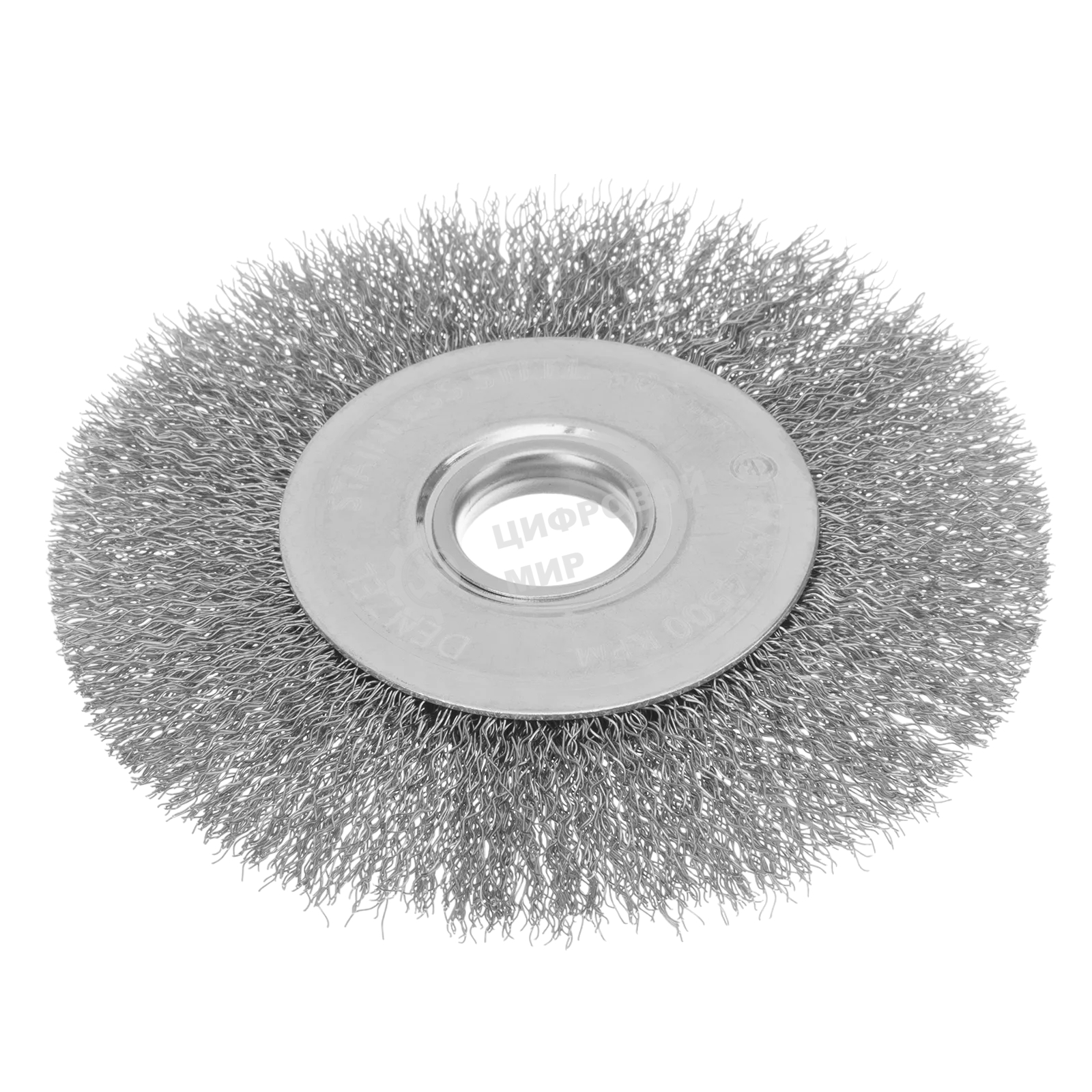 Щетка для УШМ Denzel 125 мм, плоская, витая нержавеющая проволока 0,3 мм, посадка 22,2 мм