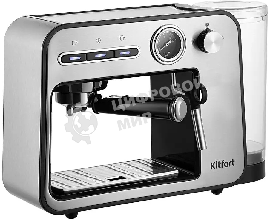 Кофеварка рожковая Kitfort КТ-7515 серебристый, исп. кофе - молотый, 1 л, 1450 Вт, 15 бар