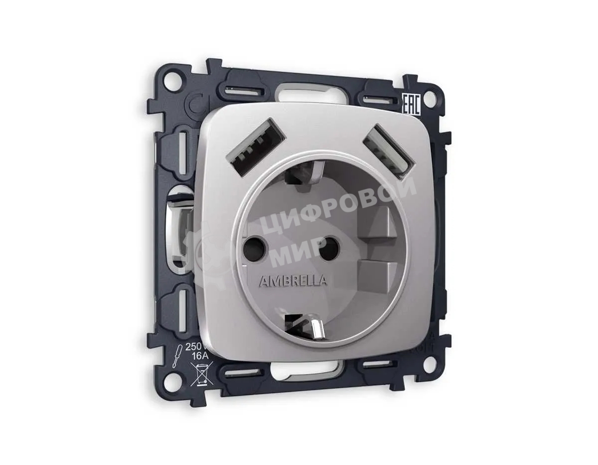 Комплект механизма электрической розетки OMEGA Сталь матовый 2USB A+A 18W (быстрая зарядка) с/з QUANT (OP5090, VM155) MO509010