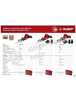 Пила сабельная. Зубр 12В, 1 АКБ (2А·ч), в коробке, СПЛ-125-21