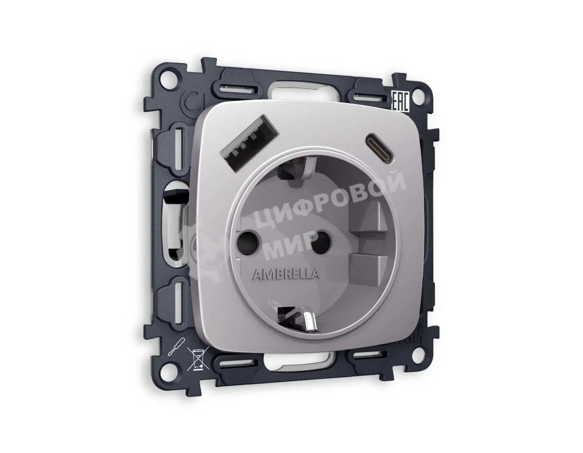 Комплект механизма электрической розетки OMEGA Сталь матовый 2USB A+C 20W (быстрая зарядка) с/з QUANT (OP5100, VM160) MO510010