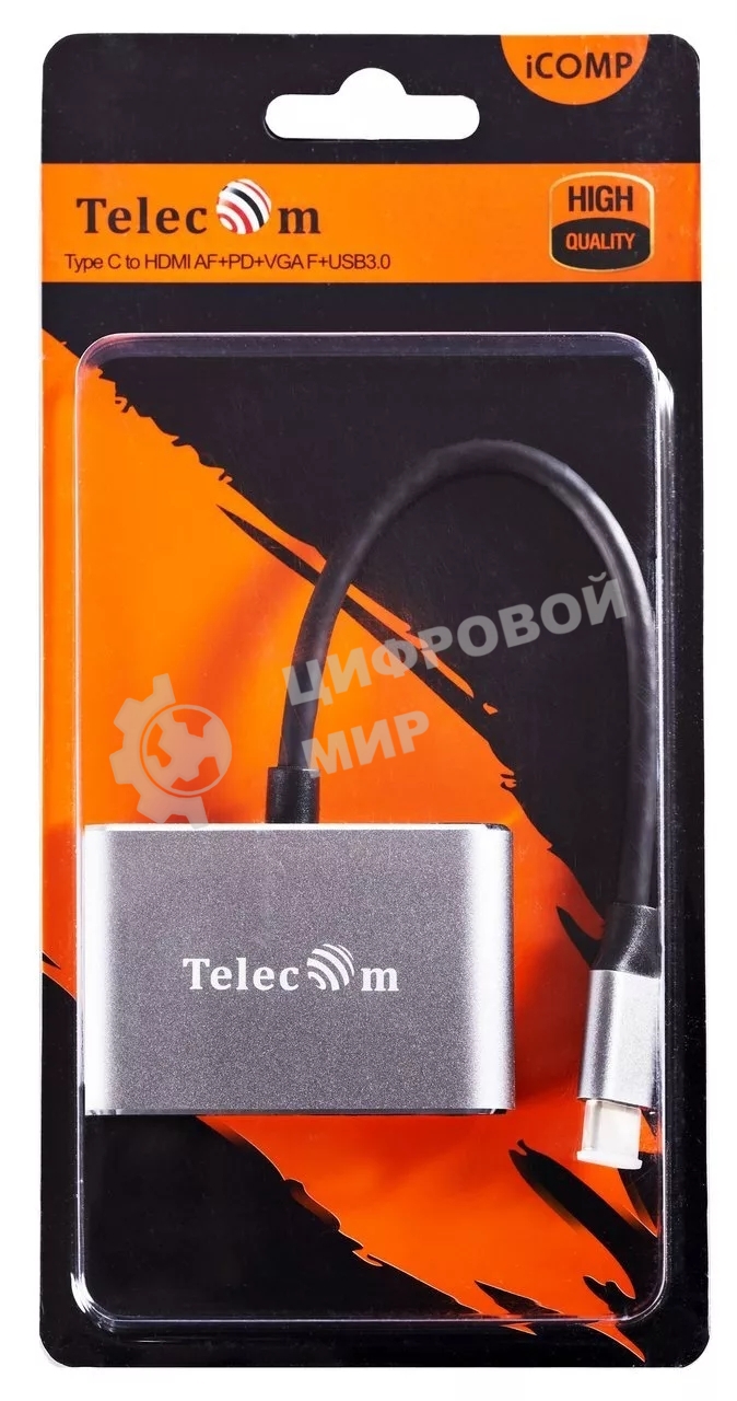 USB-концентратор USB3.1 TypeCm -->HDMI+USB3.0+PD+VGA Alum Grey 4K@30Hz, Telecom TUC055
