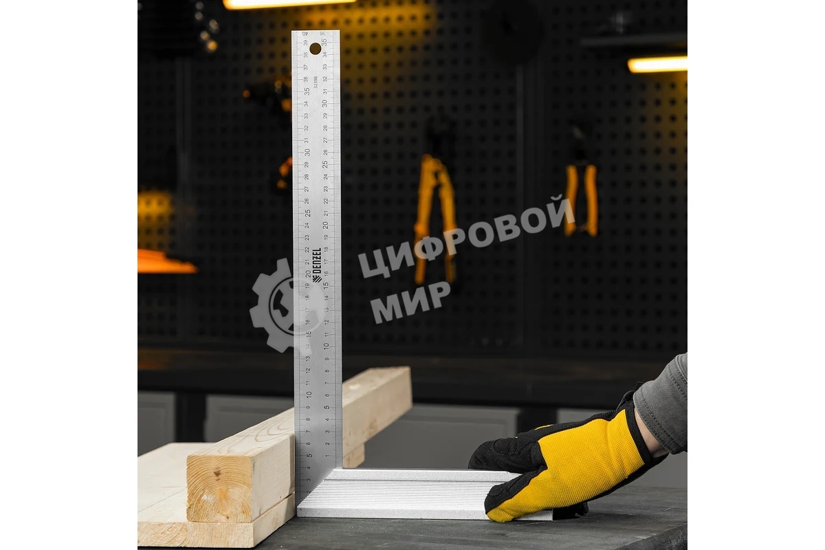 Угольник Denzel стальной, нержавеющая сталь, градуировка, алюминиевое основание, 400 мм