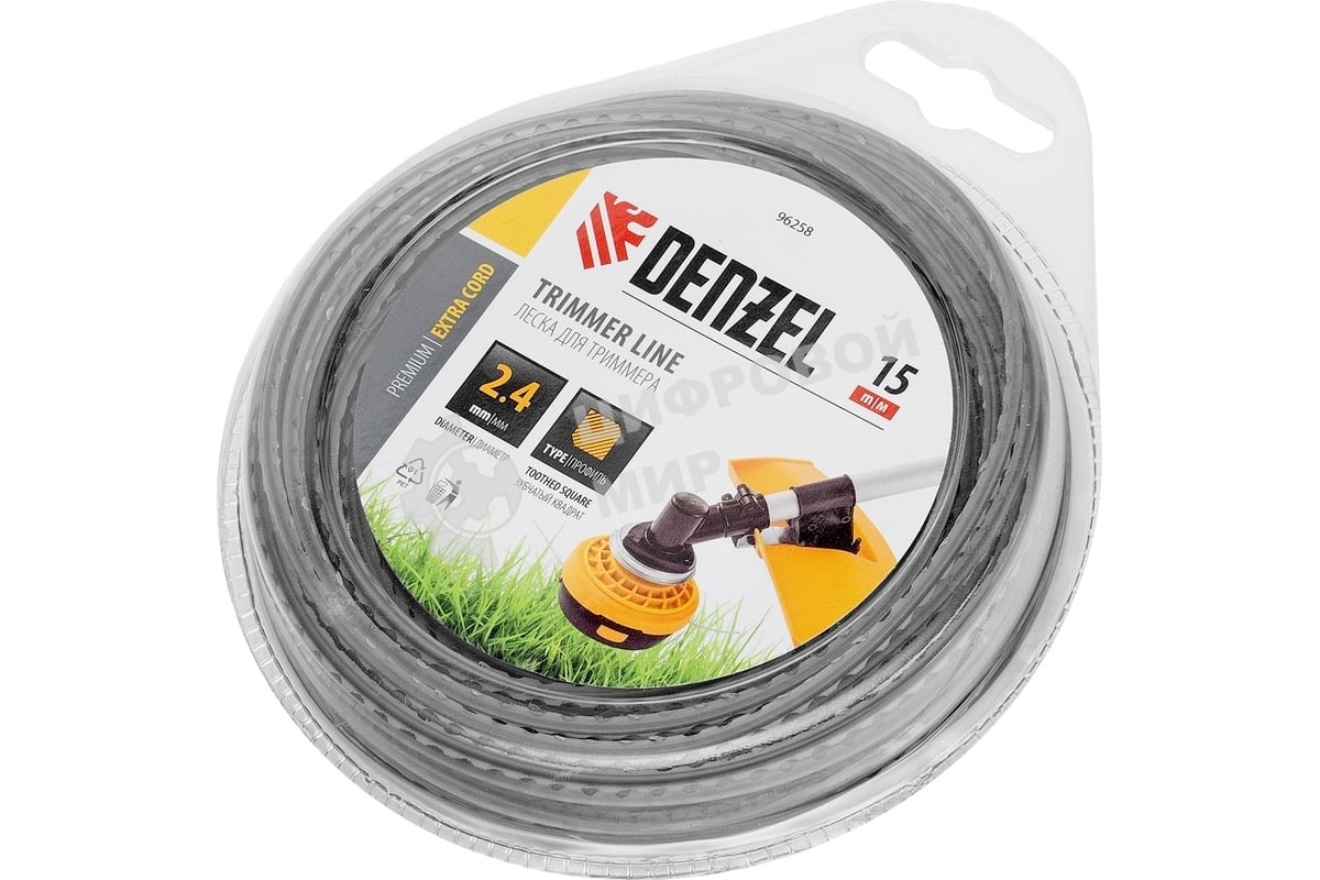 Леска для триммера Denzel двухкомпонентная зубчатый квадрат, 2,4мм х 15м, блистер EXTRA CORD