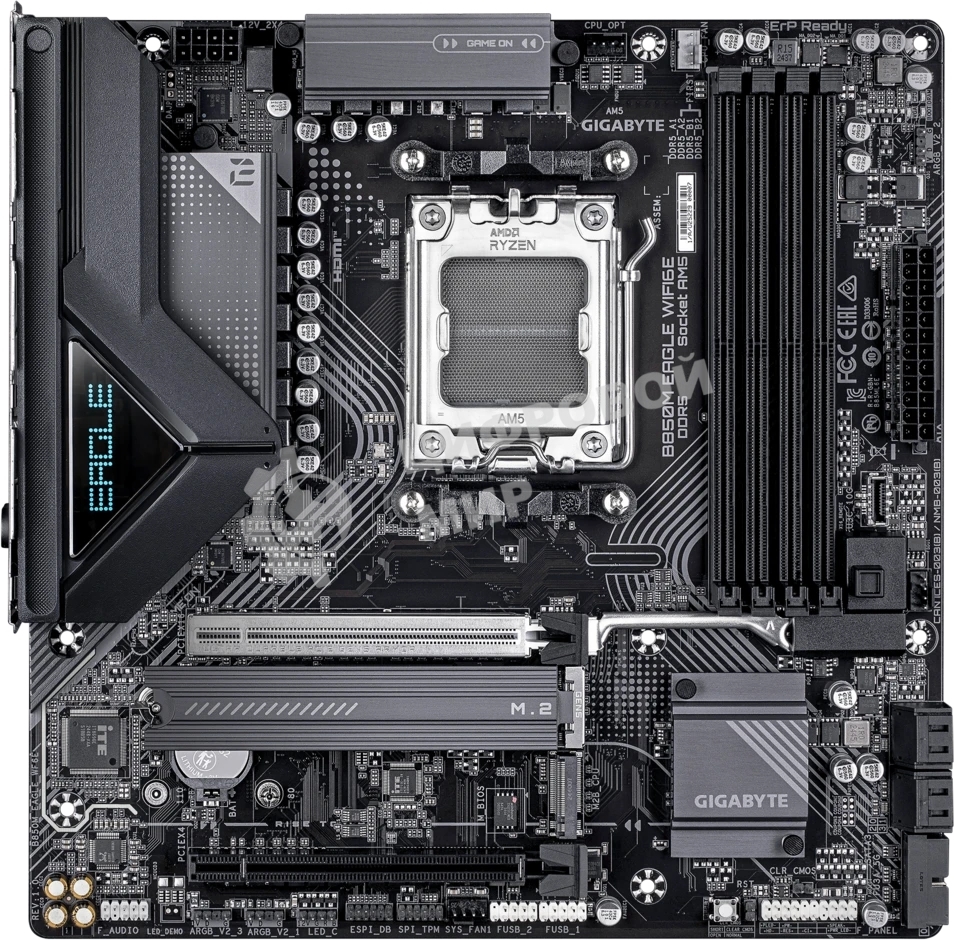 Материнская плата Gigabyte B850M EAGLE WIFI6E, AM5, AMD B850, 4xDDR5, 4xSATA, 2xM.2, 1xPCIe 5.0 x16, 1xPCIe 3.0 x16, 1xHDMI, 2xDP, 1x2.5Gb LAN, Wi-Fi 6E, Bluetooth 5.3, 1xUSB-C 10Gbps, 2xUSB-A 10Gbps, 2xUSB-A 5Gbps, 4xUSB-A 2.0, 1xPS/2, 3x3.5 мм, 7.1, mATX