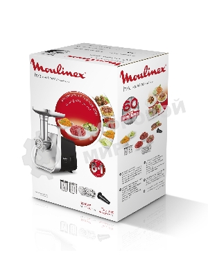 Мясорубка электрическая Moulinex ME306832 черный, 1600 Вт, 1.9 кг/мин, реверс, защита от перегрузки, металлический лоток, насадки - 6
