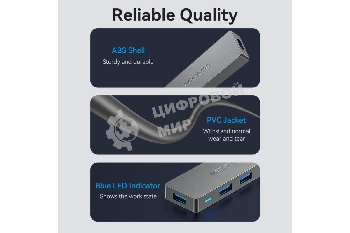 USB-концентратор Vention OTG USB 3.0 на 4 порта серый 1м.