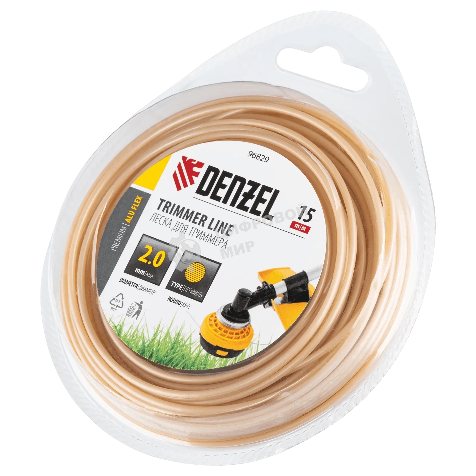 Леска для триммера Denzel армированная алюминием круглая, 2,0мм х 15м, блистер ALUFLEX