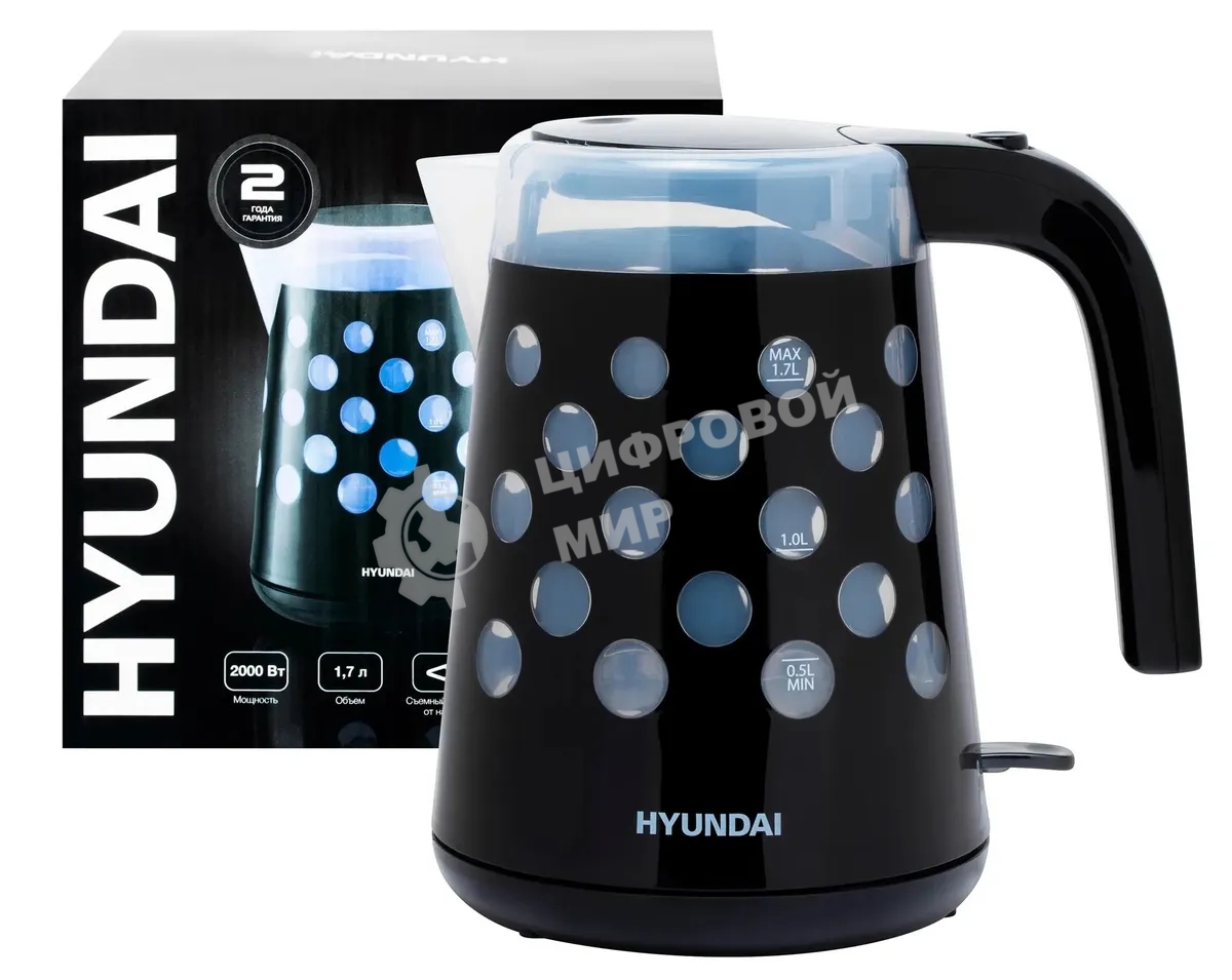 Чайник электрический Hyundai HYK-G2012 1.7 л, 2200 Вт, черный/прозрачный (корпус: пластик)
