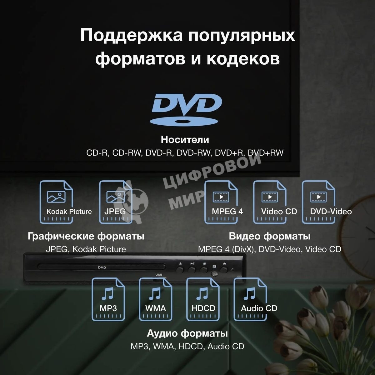 Плеер DVD Hyundai H-DVD100 черный ПДУ