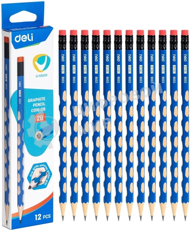 Карандаш чернографитный Deli EC016-2B U-Touch 2B, трехгранный, (12шт) ластик