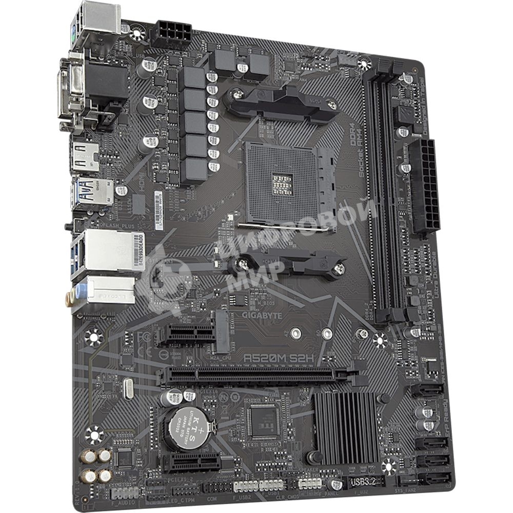 Материнская плата Gigabyte A520M S2H, AM4, AMD A520, 2xDDR4, 4xSATA, 1xM.2, 1xPCIe 3.0 x16, 2xPCIe x1, 1xHDMI, 1xDVI-D, 1xVGA, 1x 1Gb LAN, 4xUSB-A 3.2 Gen 1, 2xUSB-A 2.0, 3x3.5 мм, 7.1, mATX
