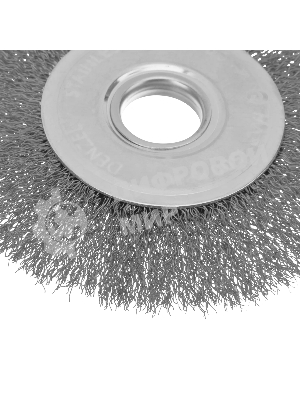 Щетка для УШМ Denzel 125 мм, плоская, витая нержавеющая проволока 0,3 мм, посадка 22,2 мм