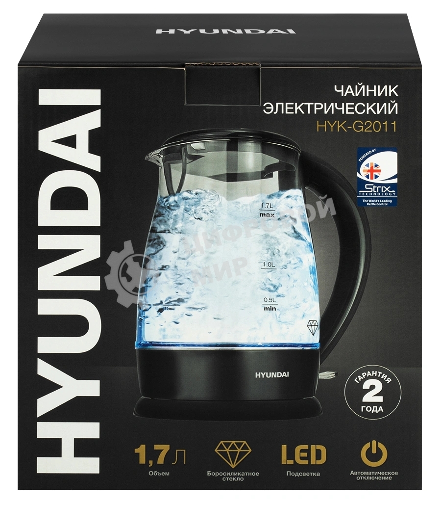 Чайник электрический Hyundai HYK-G2011 1.7 л, 2200 Вт, черный (корпус: стекло)