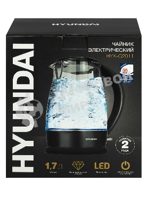 Чайник электрический Hyundai HYK-G2011 1.7 л, 2200 Вт, черный (корпус: стекло)