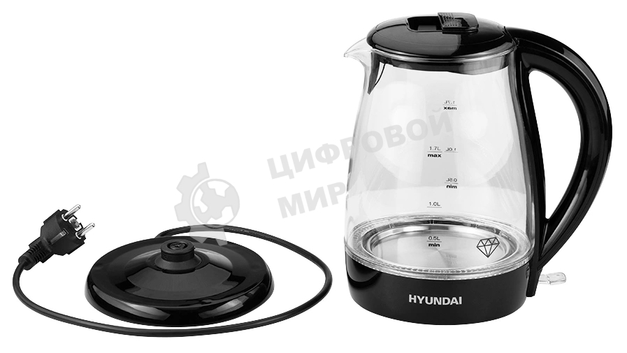 Чайник электрический Hyundai HYK-G2011 1.7 л, 2200 Вт, черный (корпус: стекло)