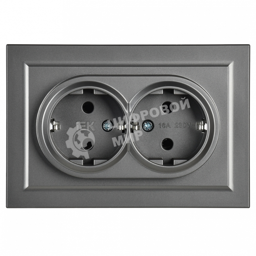Розетка 2-местная IEK BRITE РС12-3-БрС с заземлением, без защитных шторок, 16А в сборе, сталь
